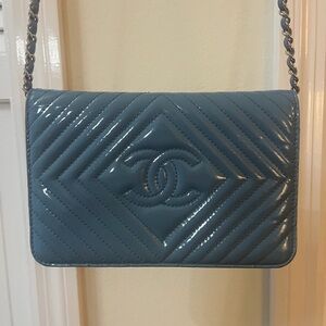 CHANEL Shiny Blue Chevron Crossbody Bag